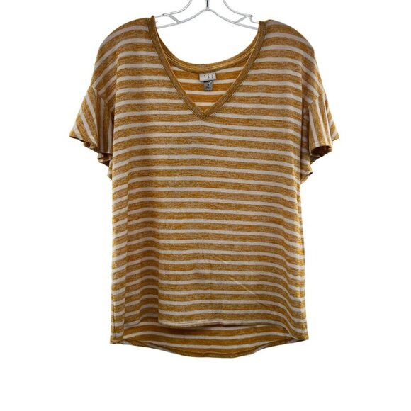 A New Day Women's Short Sleeve V-Neck Striped Top Yellow/White Size Medium - Picture 1 of 9